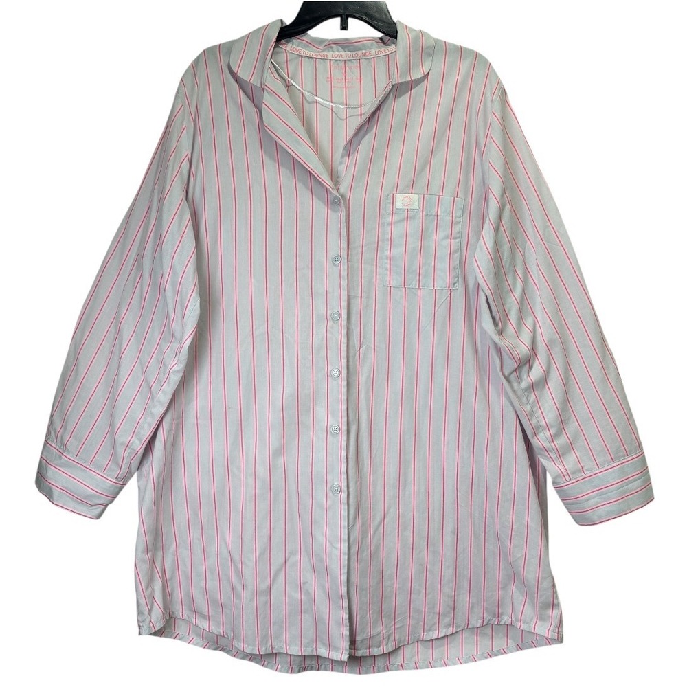 Primark Nightshirt Women XL Blue Pink Striped Long Sleeve Button Down Loungewear